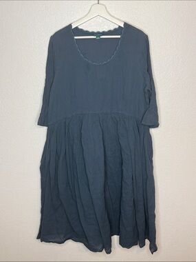 April Cornell Slate Blue Crinkle Cotton Midi Dress Size XXL Cottagecore Prairie